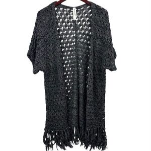 Bethany Mota Black Crochet Knit Fringe Bottom Short Sleeve Open Cardigan L